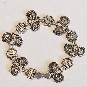 Antique 19c Victorian Sterling Silver Catholic Rose Cross Double Sided Bracelet
